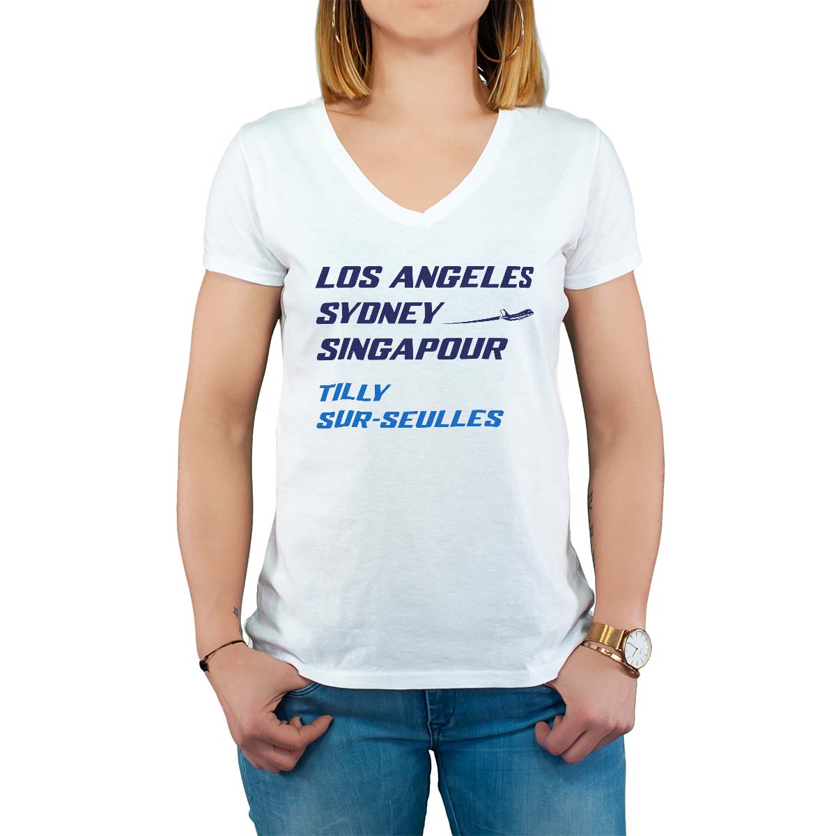 T-Shirt blanc pour femme avec le message personnalisé marine los angeles sydney singapour tilly-sur-seulles