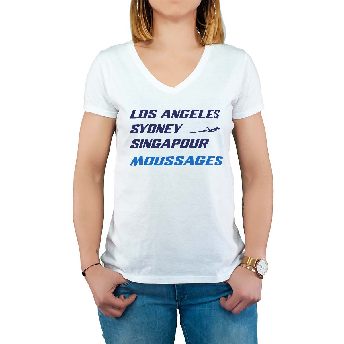 T-Shirt blanc pour femme avec le message personnalisé marine los angeles sydney singapour moussages