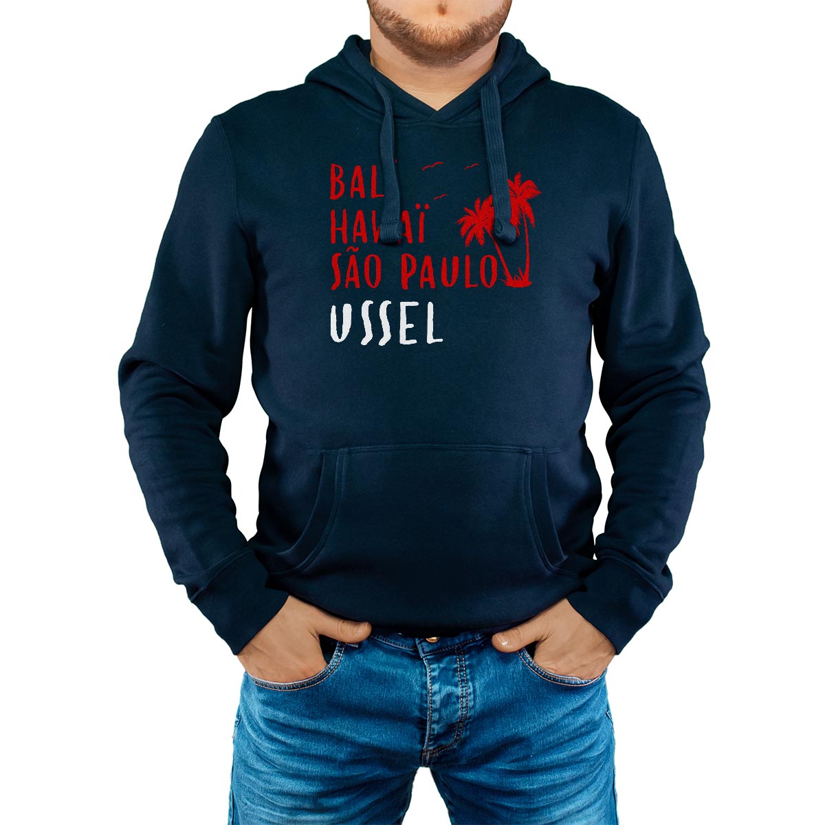 Sweat-shirt à capuche marine pour homme avec le message personnalisé rouge bali hawaï sao-paulo ussel