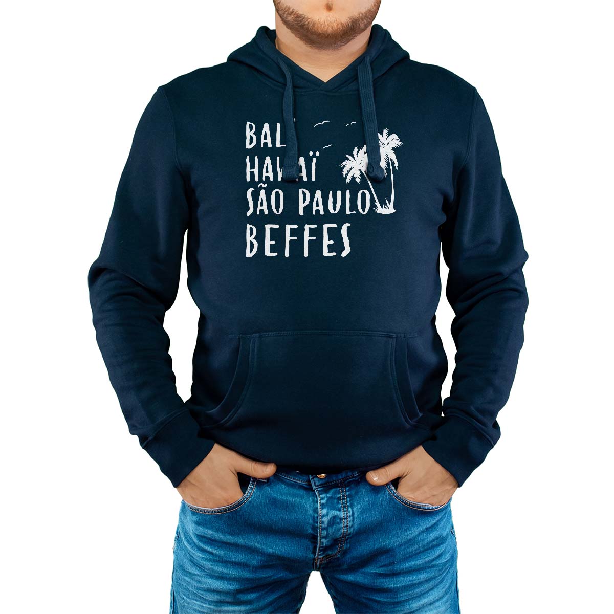 Sweat-shirt à capuche marine pour homme avec le message personnalisé blanc bali hawaï sao-paulo beffes