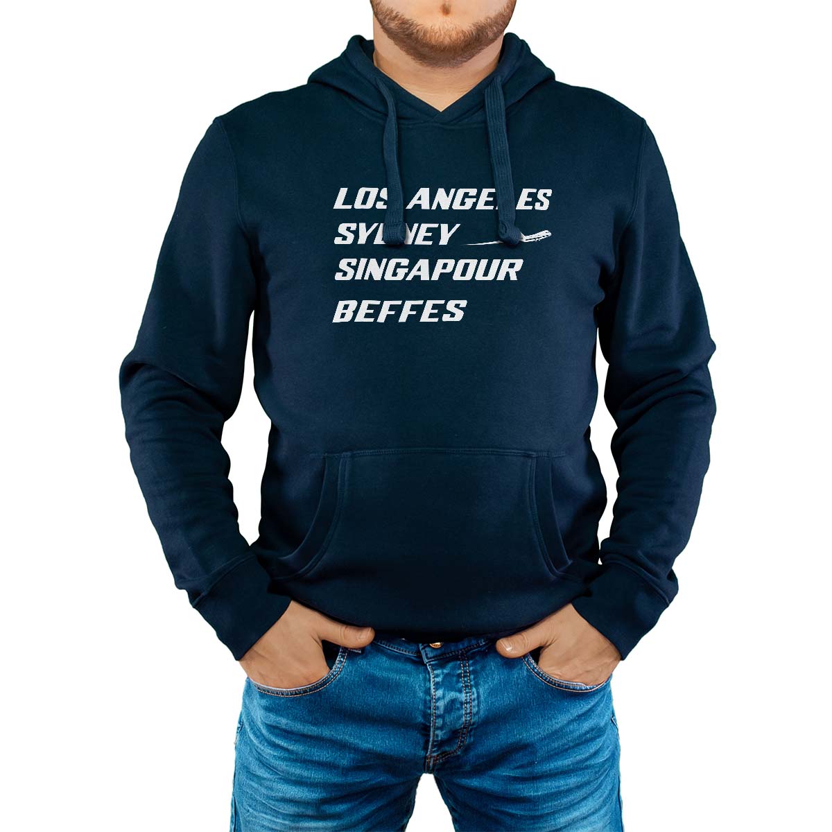 Sweat-shirt à capuche marine pour homme avec le message personnalisé blanc los angeles sydney singapour beffes