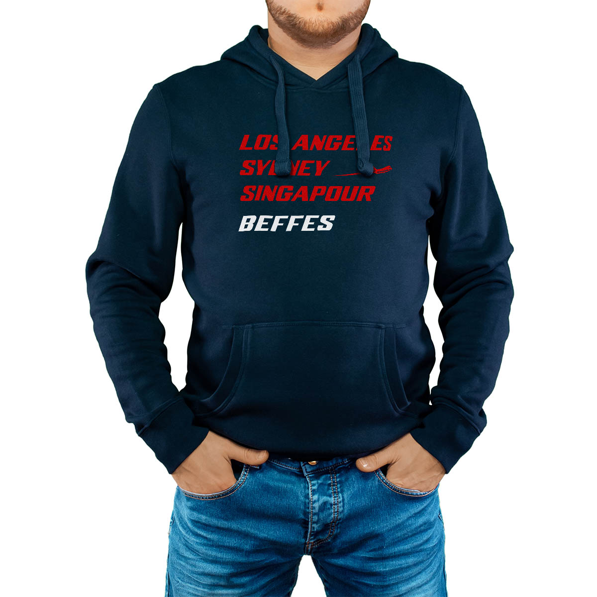 Sweat-shirt à capuche marine pour homme avec le message personnalisé rouge los angeles sydney singapour beffes