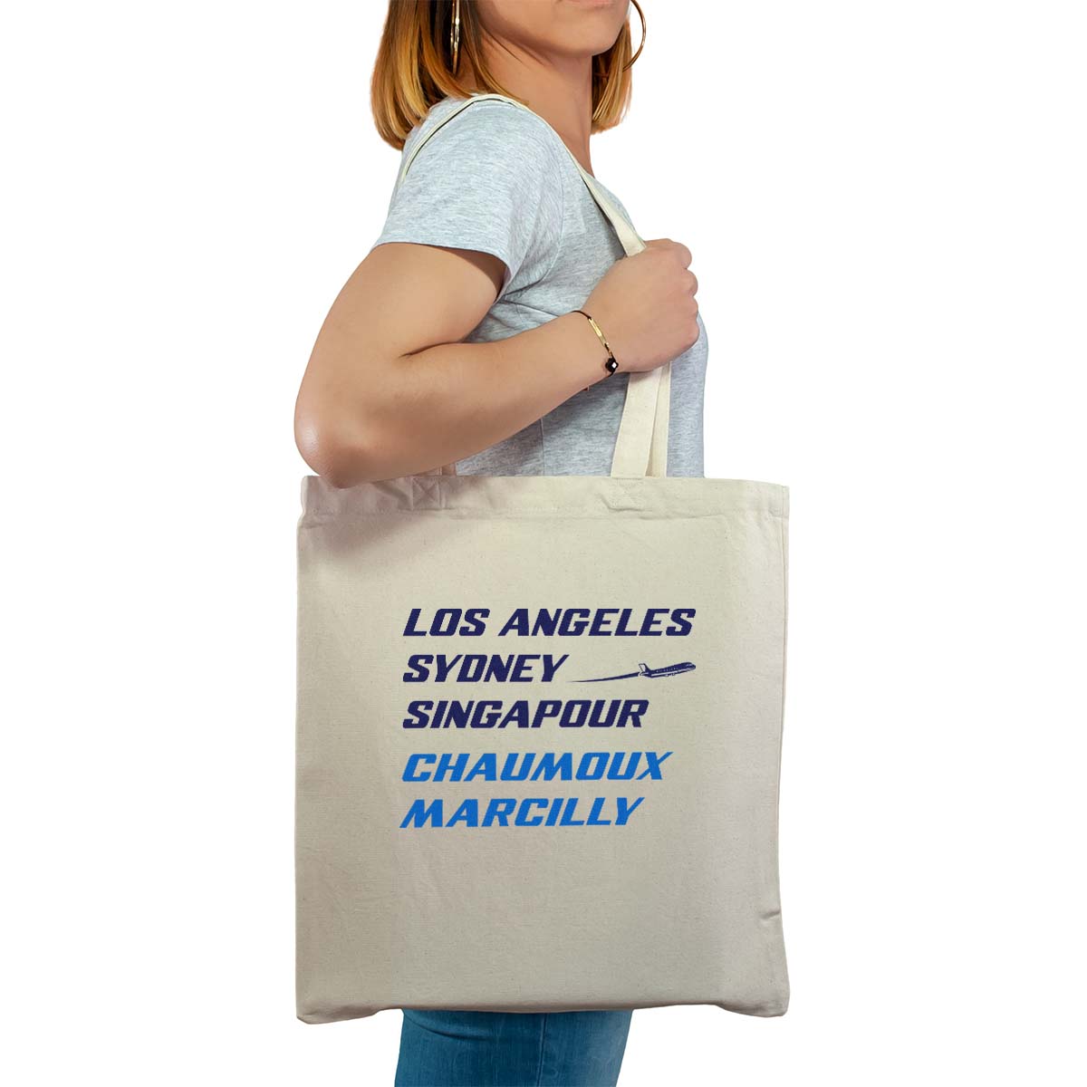 Totebag cabas personnalisé naturel pour femme avec le message personnalisé marine los angeles sydney singapour chaumoux-marcilly