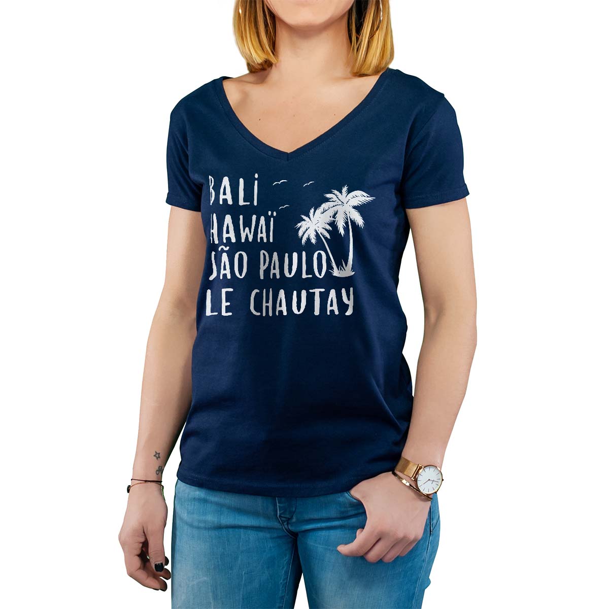 T-Shirt marine pour femme avec le message personnalisé blanc bali hawaï sao-paulo le chautay