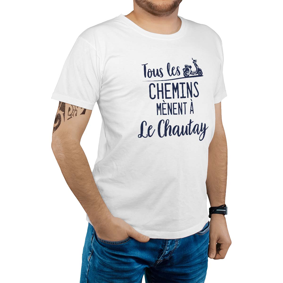 T-Shirt blanc pour homme avec le message personnalisé marine tous les chemins mènent à le chautay