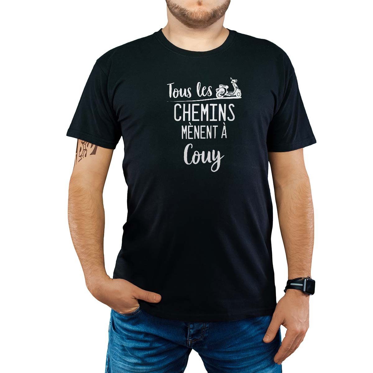 T-Shirt noir pour homme avec le message personnalisé blanc tous les chemins mènent à couy