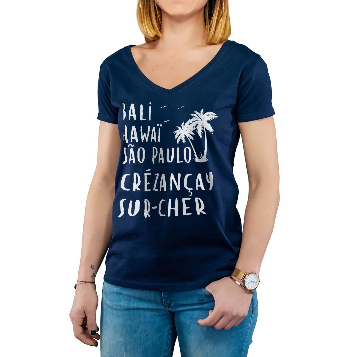 T-Shirt marine pour femme avec le message personnalisé blanc bali hawaï sao-paulo crézançay-sur-cher