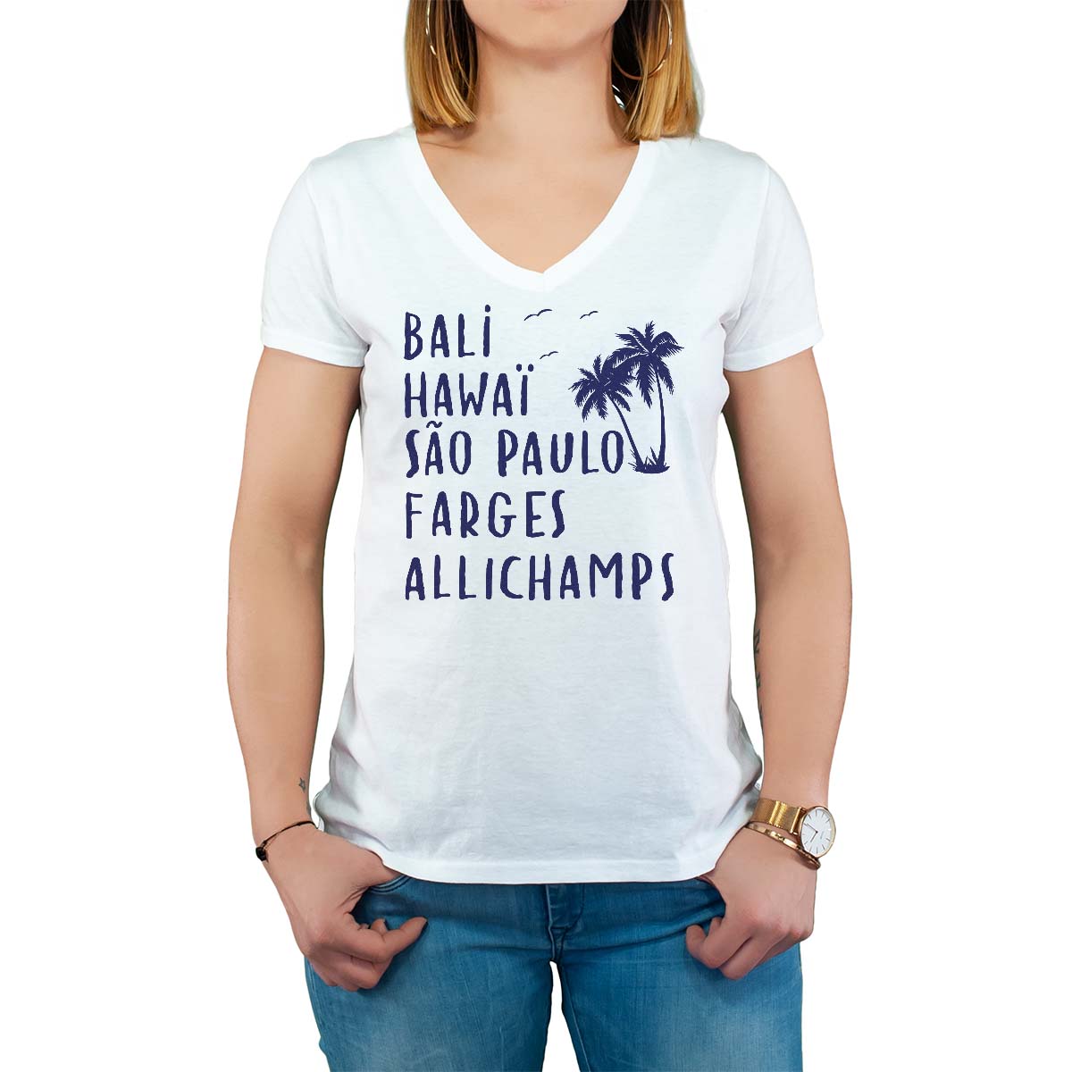 T-Shirt blanc pour femme avec le message personnalisé marine bali hawaï sao-paulo farges-allichamps
