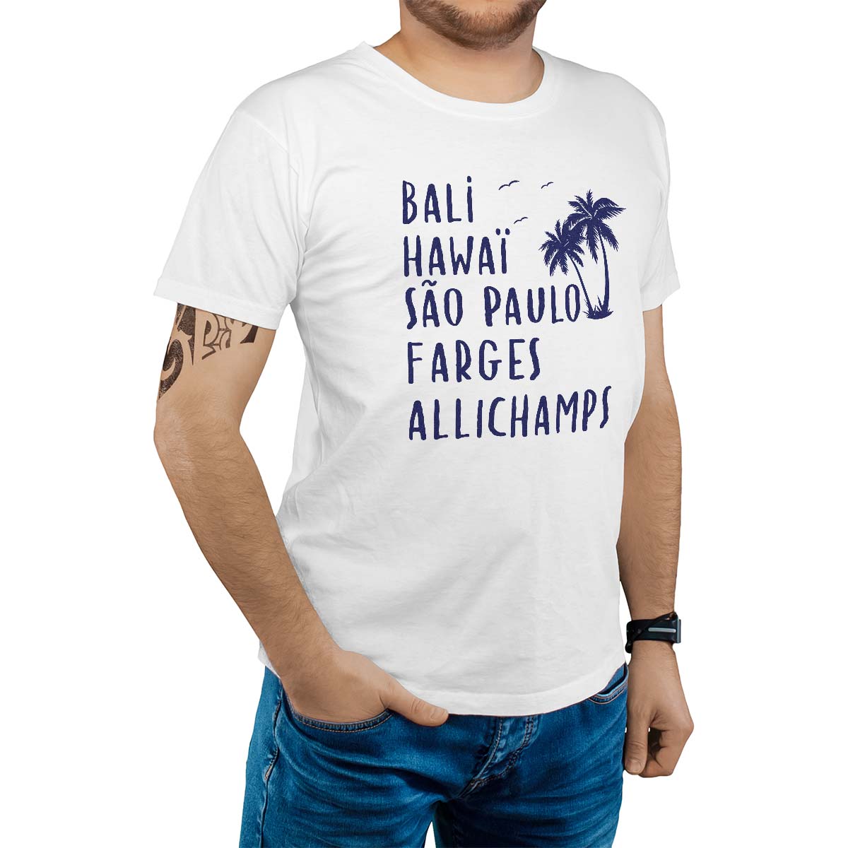 T-Shirt blanc pour homme avec le message personnalisé marine bali hawaï sao-paulo farges-allichamps