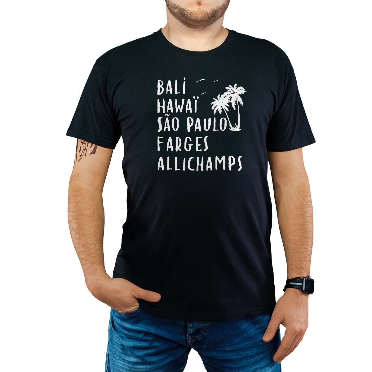 T-Shirt noir pour homme avec le message personnalisé blanc bali hawaï sao-paulo farges-allichamps