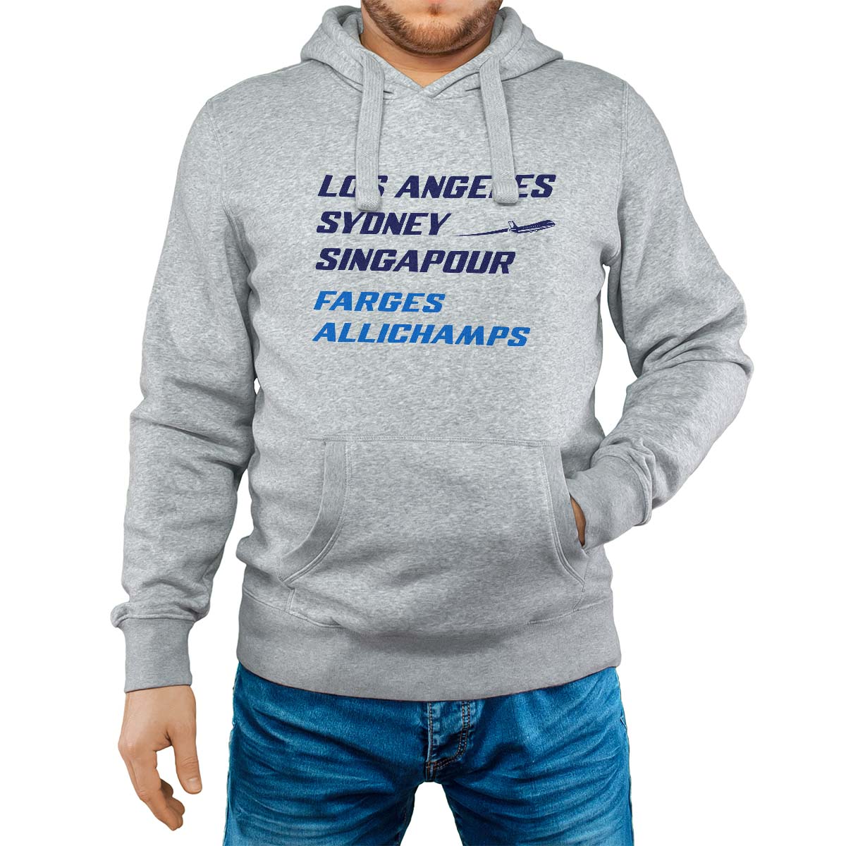 Sweat-shirt à capuche gris pour homme avec le message personnalisé marine los angeles sydney singapour farges-allichamps