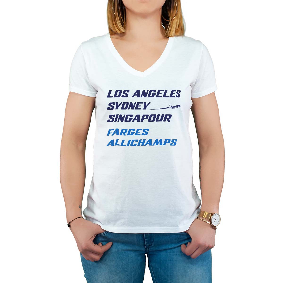 T-Shirt blanc pour femme avec le message personnalisé marine los angeles sydney singapour farges-allichamps