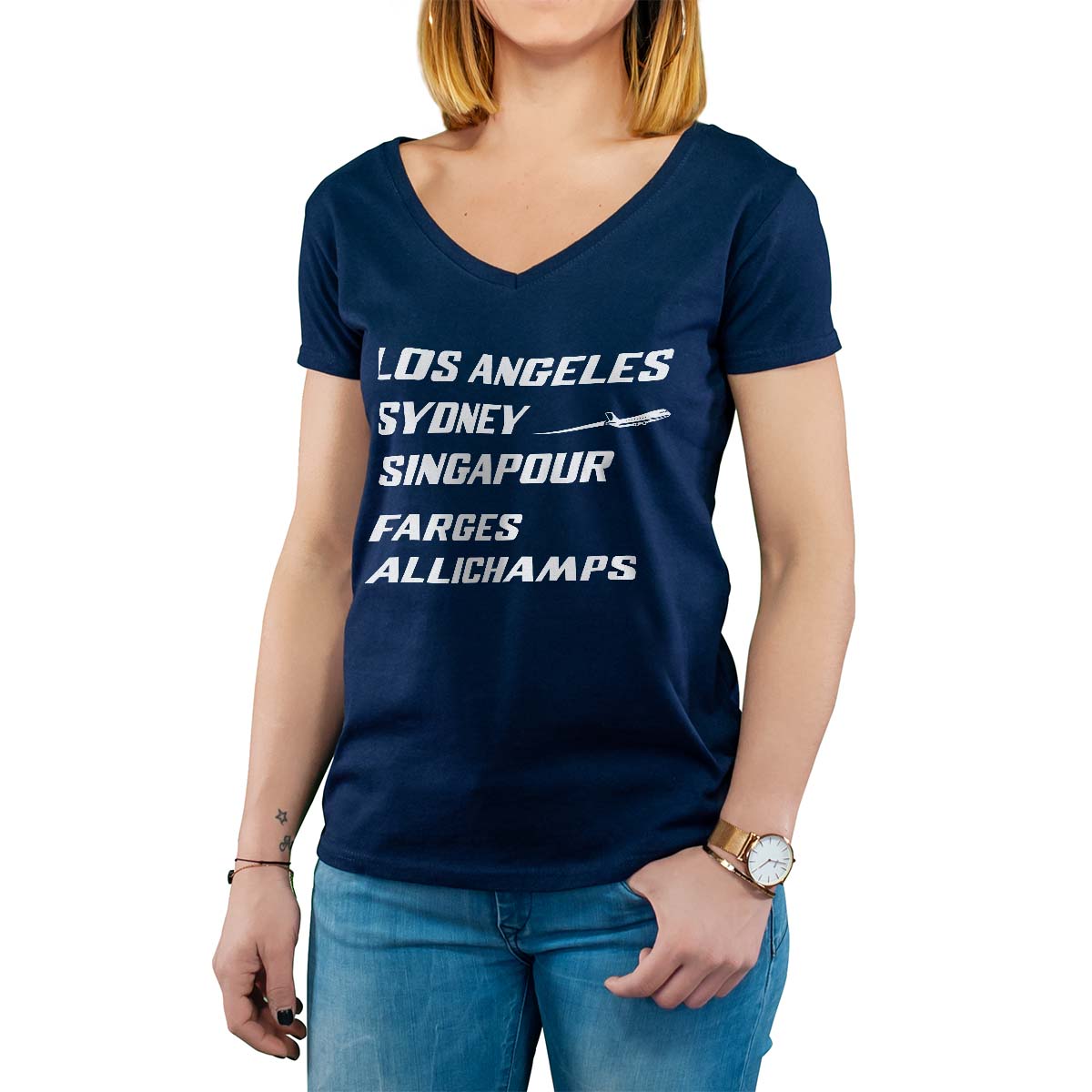 T-Shirt marine pour femme avec le message personnalisé blanc los angeles sydney singapour farges-allichamps