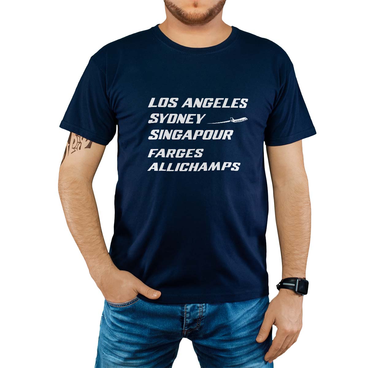 T-Shirt marine pour homme avec le message personnalisé blanc los angeles sydney singapour farges-allichamps