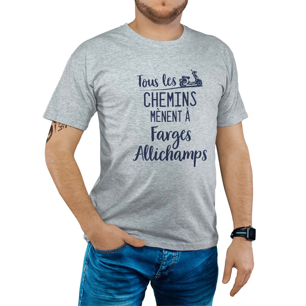T-Shirt gris pour homme avec le message personnalisé marine tous les chemins mènent à farges-allichamps