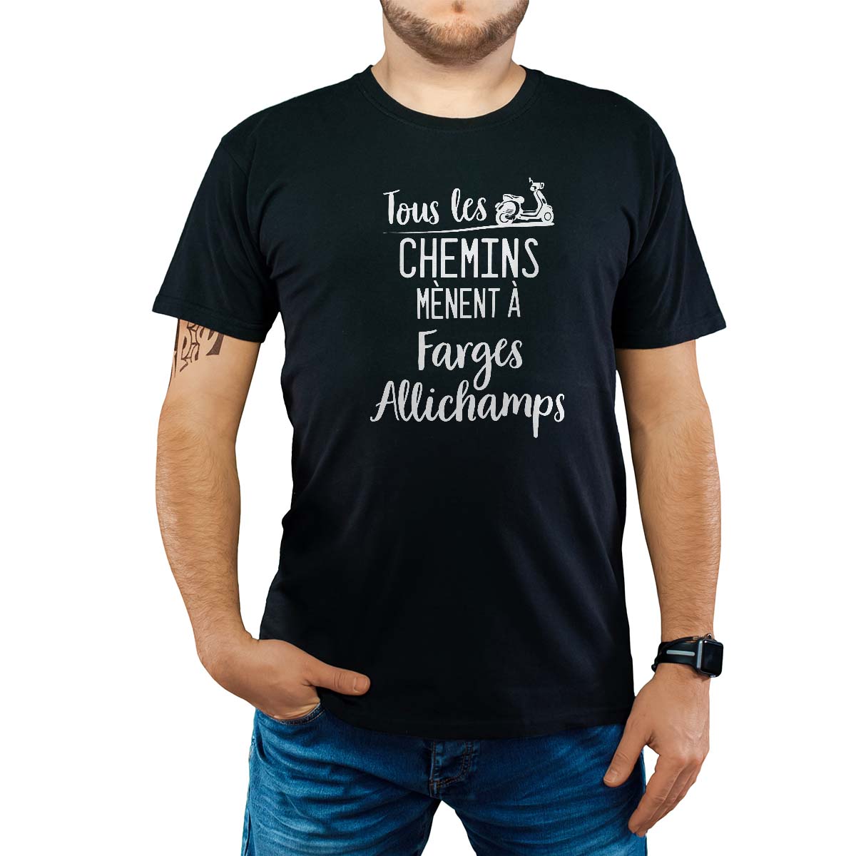 T-Shirt noir pour homme avec le message personnalisé blanc tous les chemins mènent à farges-allichamps