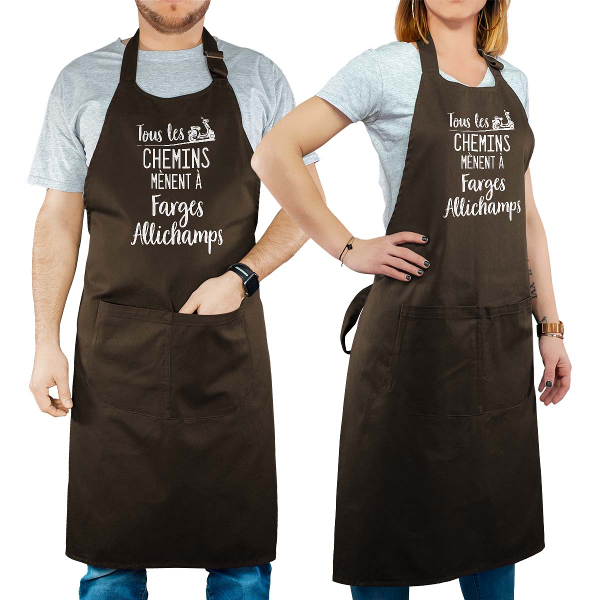 Tablier de cuisine personnalisé cacao pour femme avec le message personnalisé blanc tous les chemins mènent à farges-allichamps