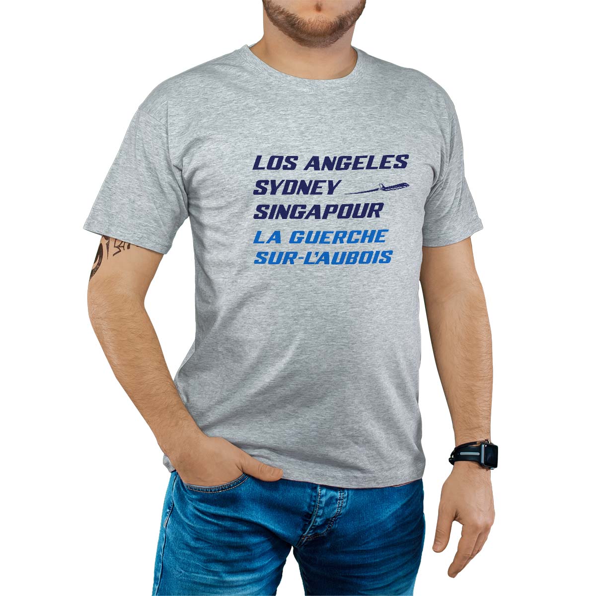 T-Shirt gris pour homme avec le message personnalisé marine los angeles sydney singapour la guerche-sur-l'aubois