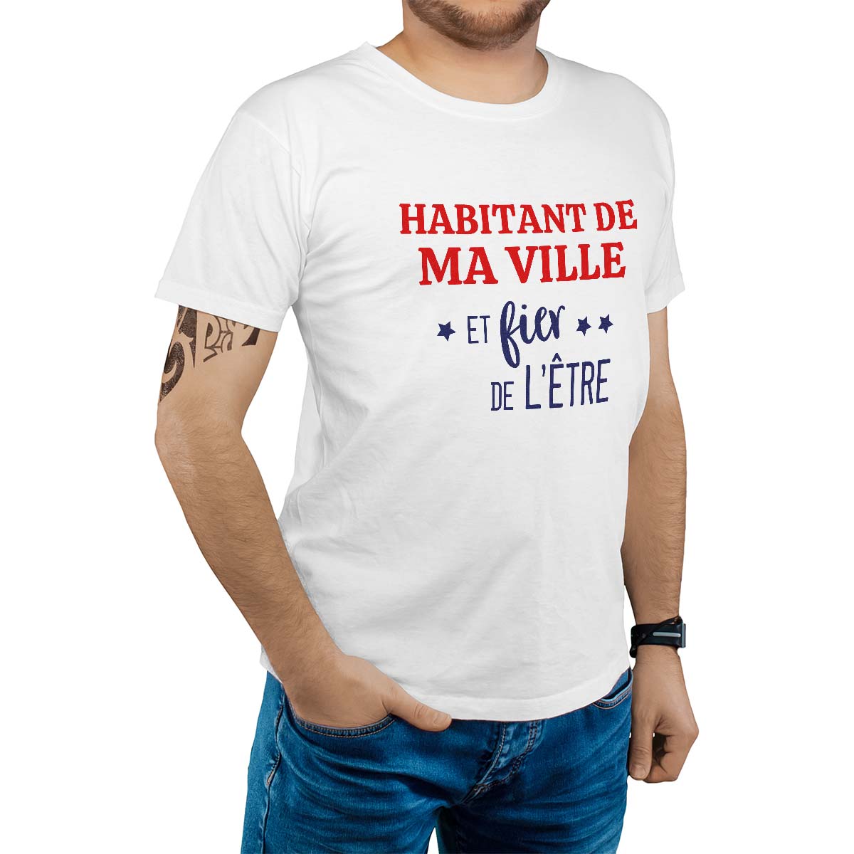 T-Shirt blanc pour homme avec le message personnalisé marine gentile-lugny-champagne  et fier de l'être