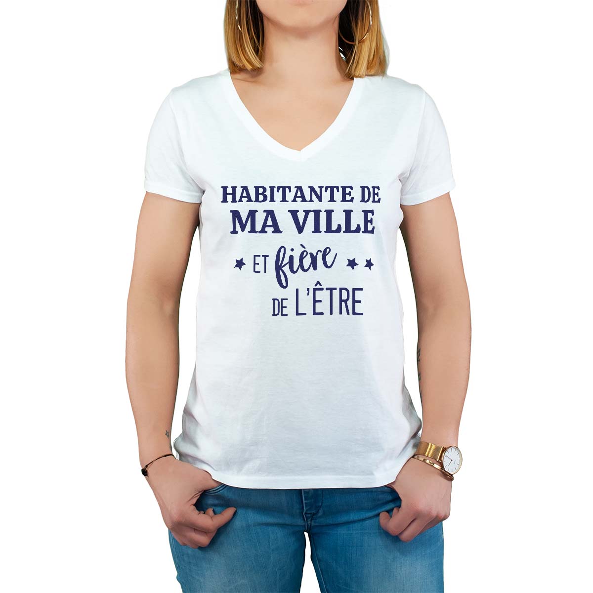 T-Shirt blanc pour femme avec le message personnalisé marine gentile-lugny-champagne  et fière de l'être