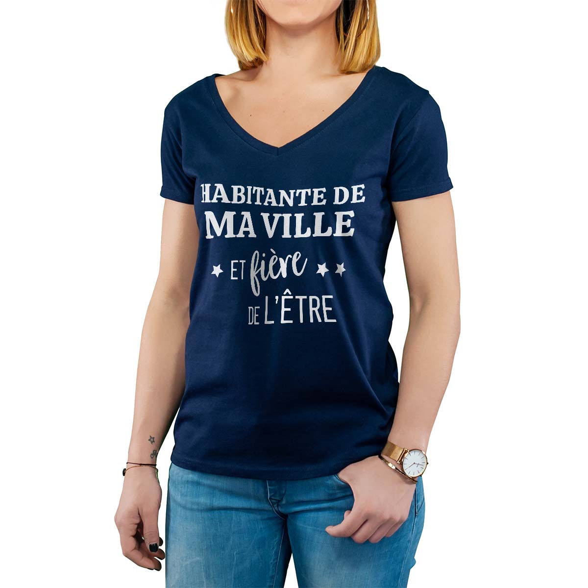 T-Shirt marine pour femme avec le message personnalisé blanc gentile-lugny-champagne  et fière de l'être