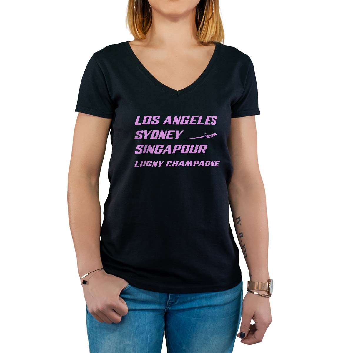T-Shirt noir pour femme avec le message personnalisé rose los angeles sydney singapour lugny-champagne