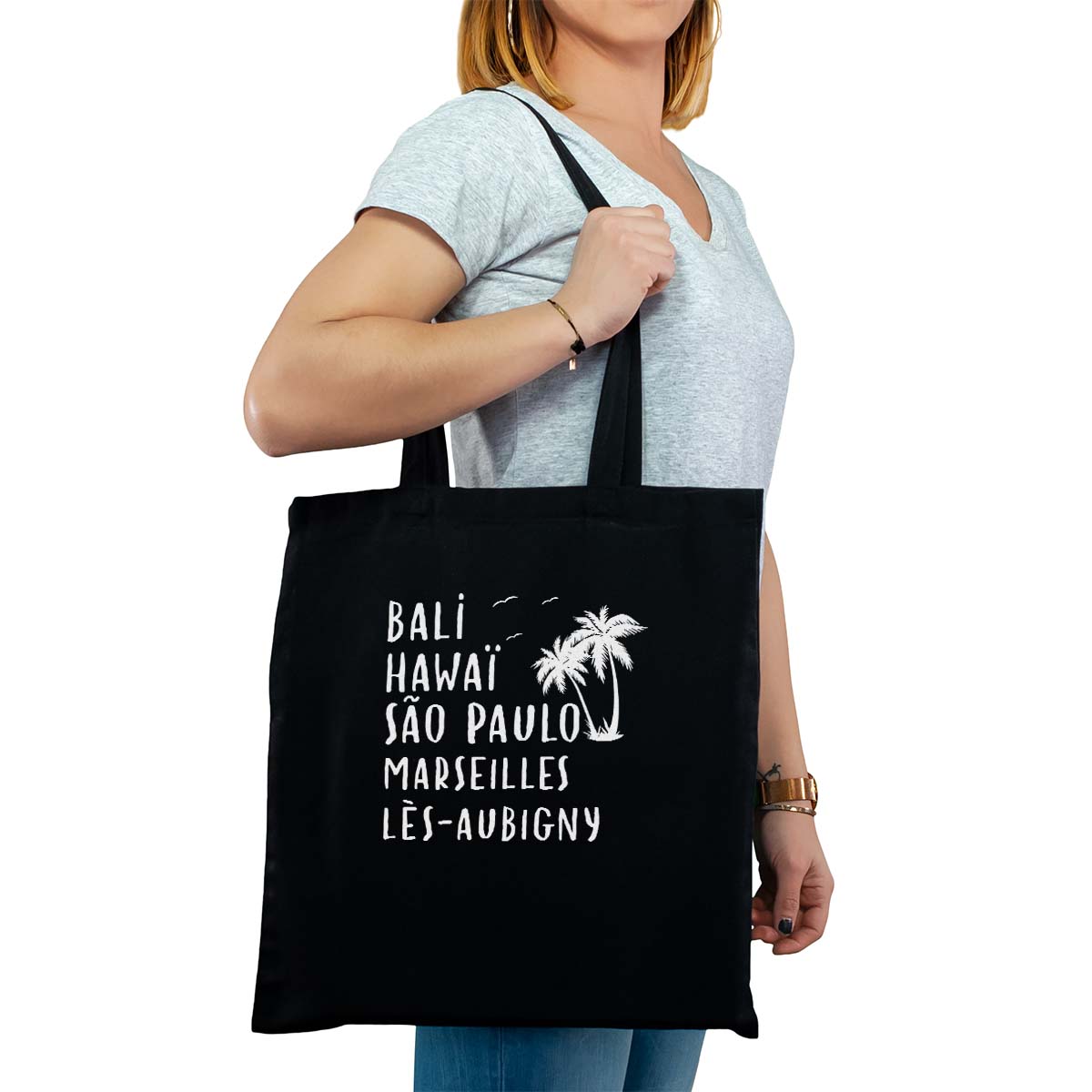 Totebag cabas personnalisé noir pour femme avec le message personnalisé blanc bali hawaï sao-paulo marseilles-lès-aubigny