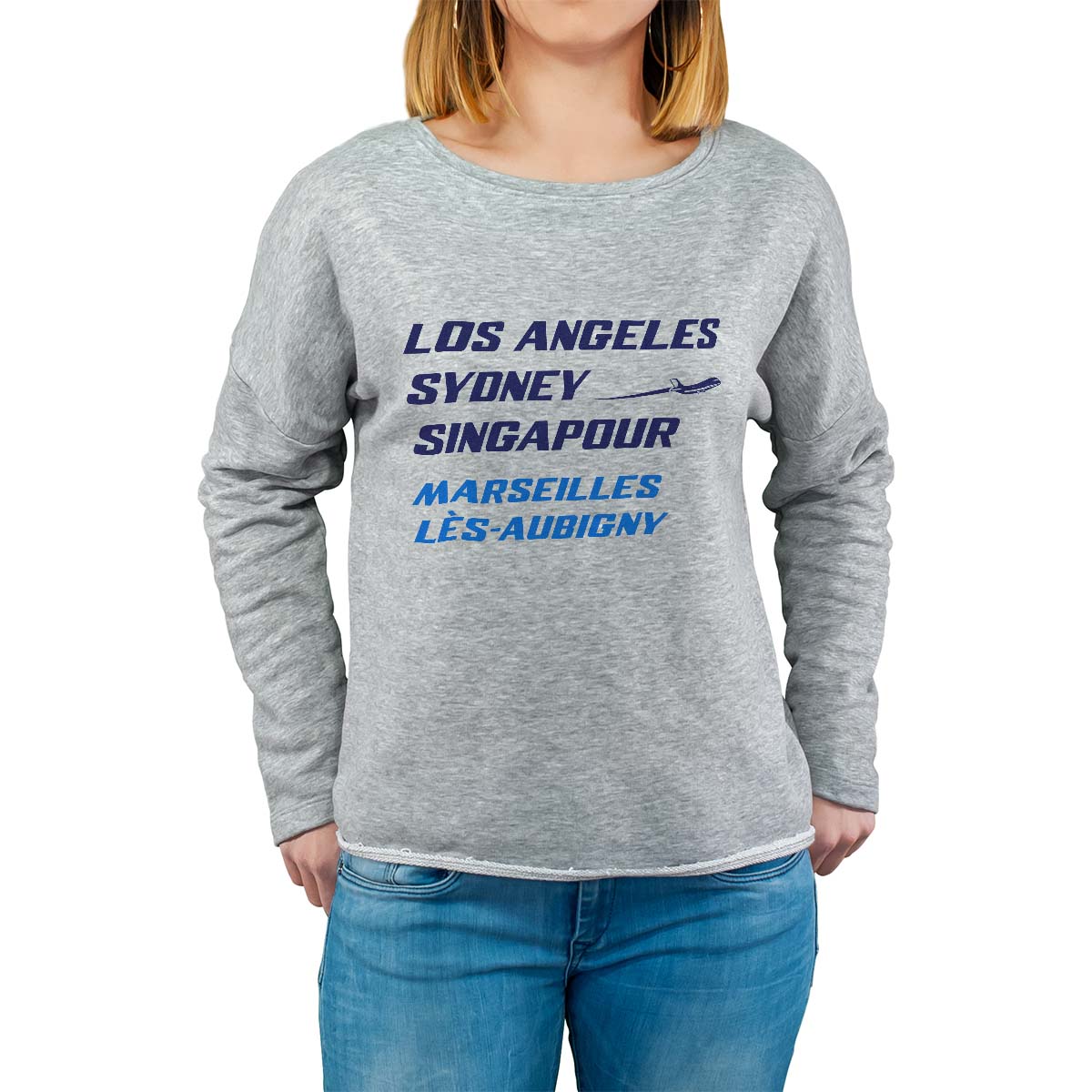 Sweat shirt gris pour femme avec le message personnalisé marine los angeles sydney singapour marseilles-lès-aubigny