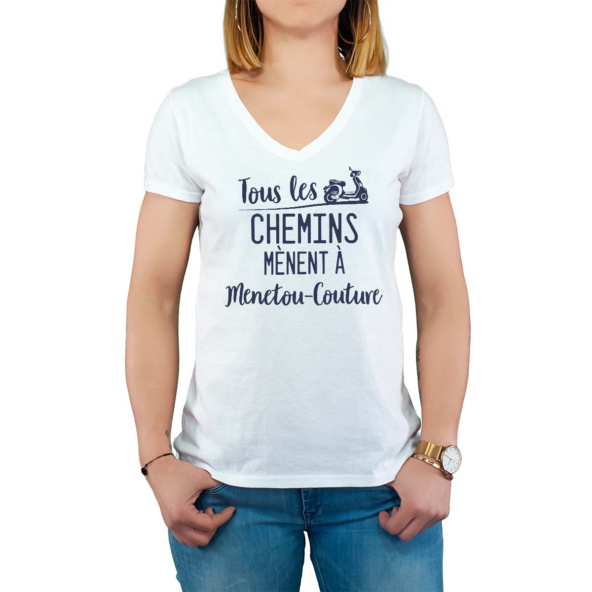 T-Shirt blanc pour femme avec le message personnalisé marine tous les chemins mènent à menetou-couture