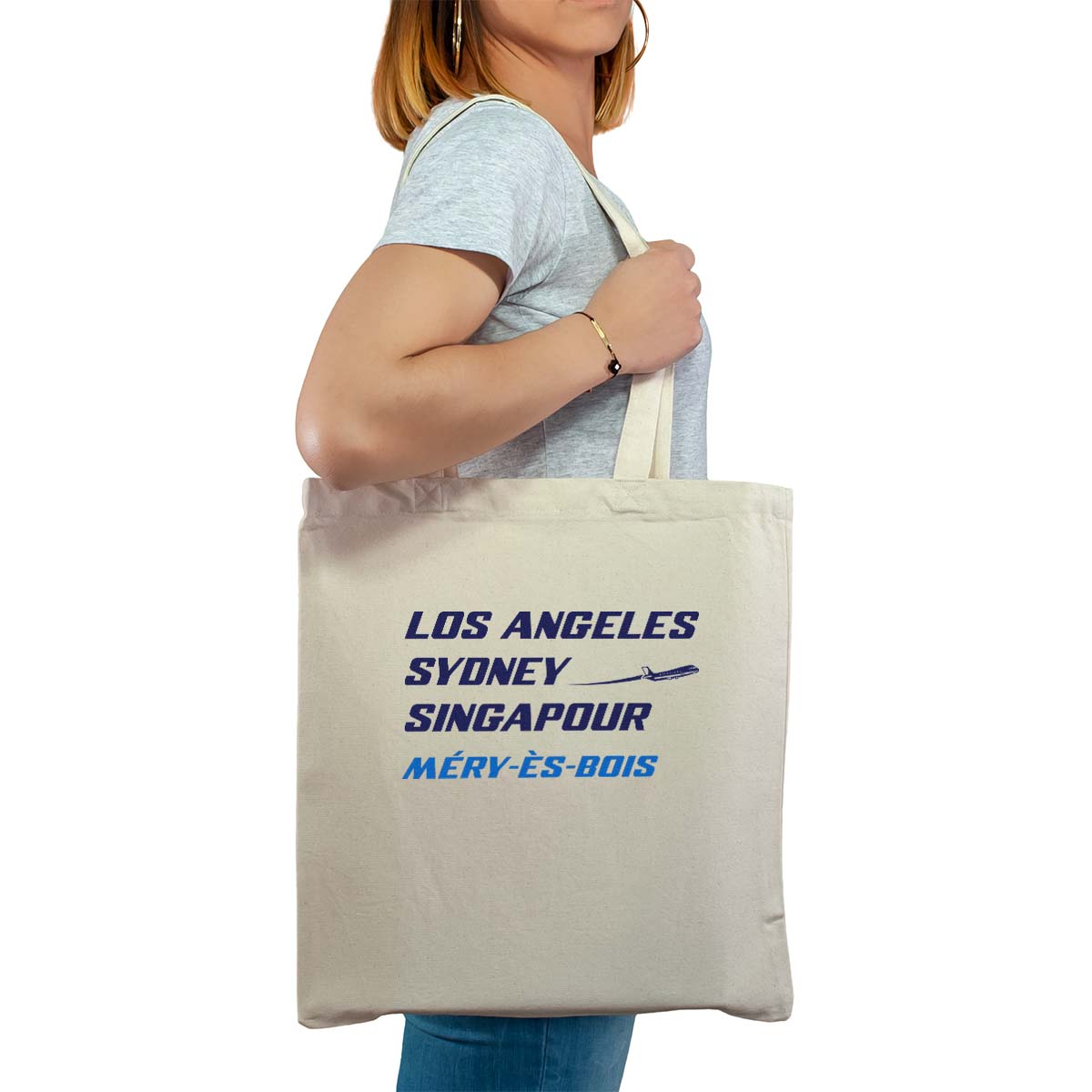 Totebag cabas personnalisé naturel pour femme avec le message personnalisé marine los angeles sydney singapour méry-ès-bois