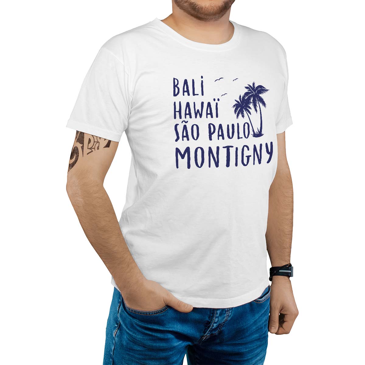 T-Shirt blanc pour homme avec le message personnalisé marine bali hawaï sao-paulo montigny