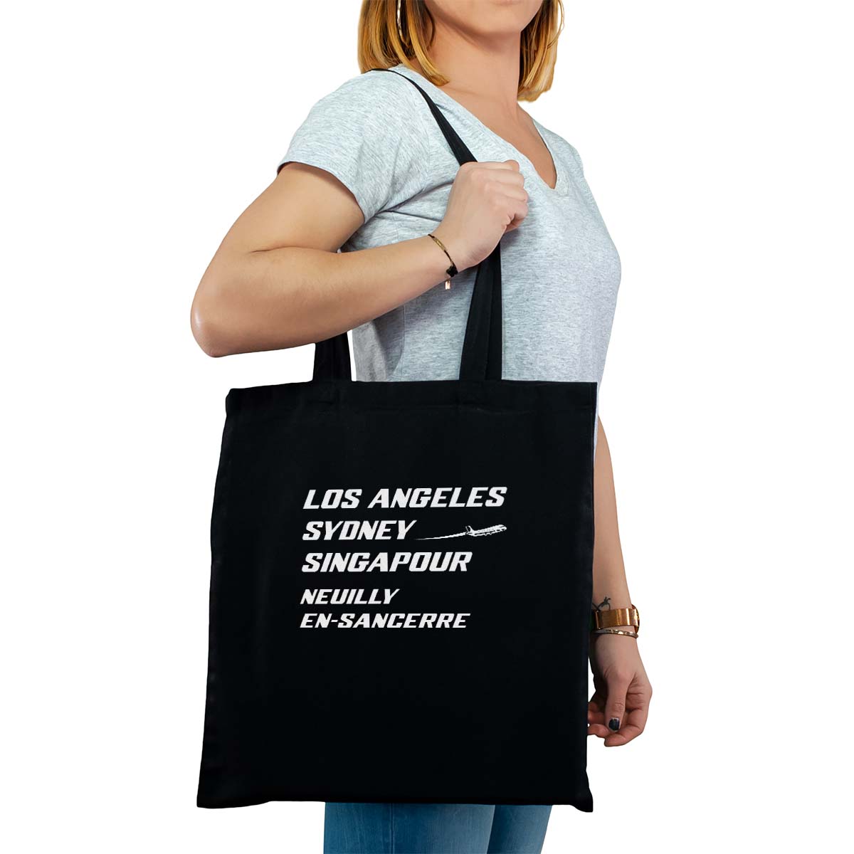 Totebag cabas personnalisé noir pour femme avec le message personnalisé blanc los angeles sydney singapour neuilly-en-sancerre