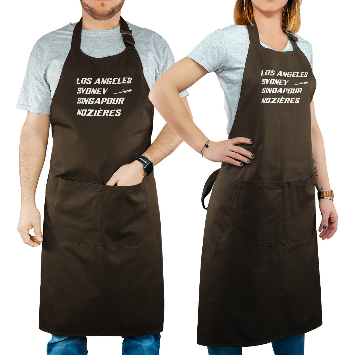 Tablier de cuisine personnalisé cacao pour femme avec le message personnalisé blanc los angeles sydney singapour nozières