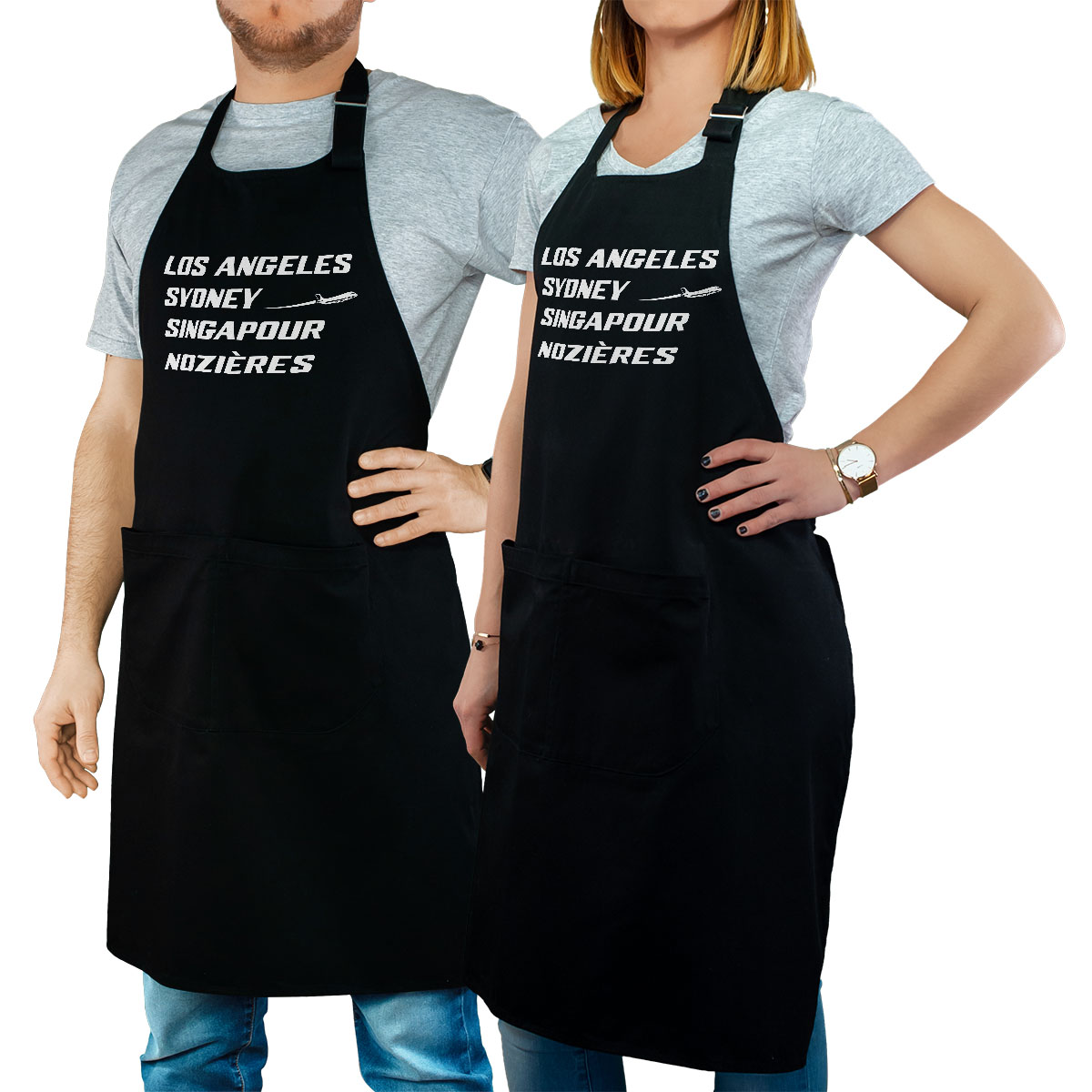 Tablier de cuisine personnalisé noir pour femme avec le message personnalisé blanc los angeles sydney singapour nozières