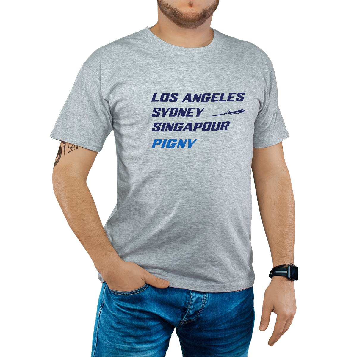 T-Shirt gris pour homme avec le message personnalisé marine los angeles sydney singapour pigny