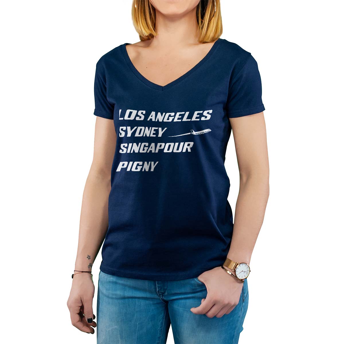 T-Shirt marine pour femme avec le message personnalisé blanc los angeles sydney singapour pigny