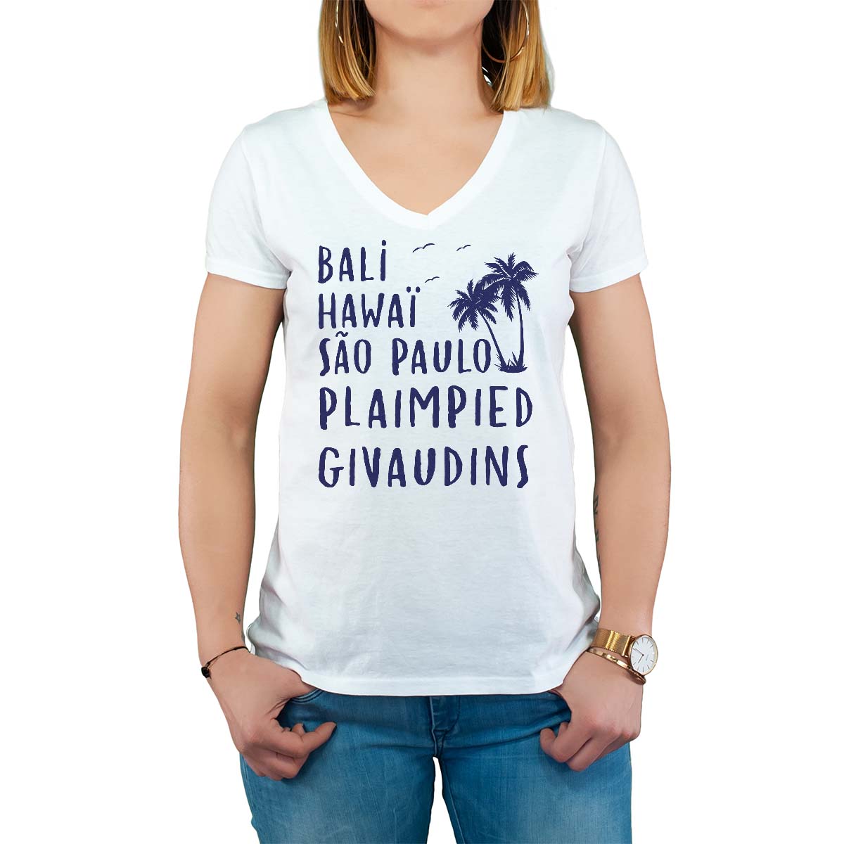 T-Shirt blanc pour femme avec le message personnalisé marine bali hawaï sao-paulo plaimpied-givaudins