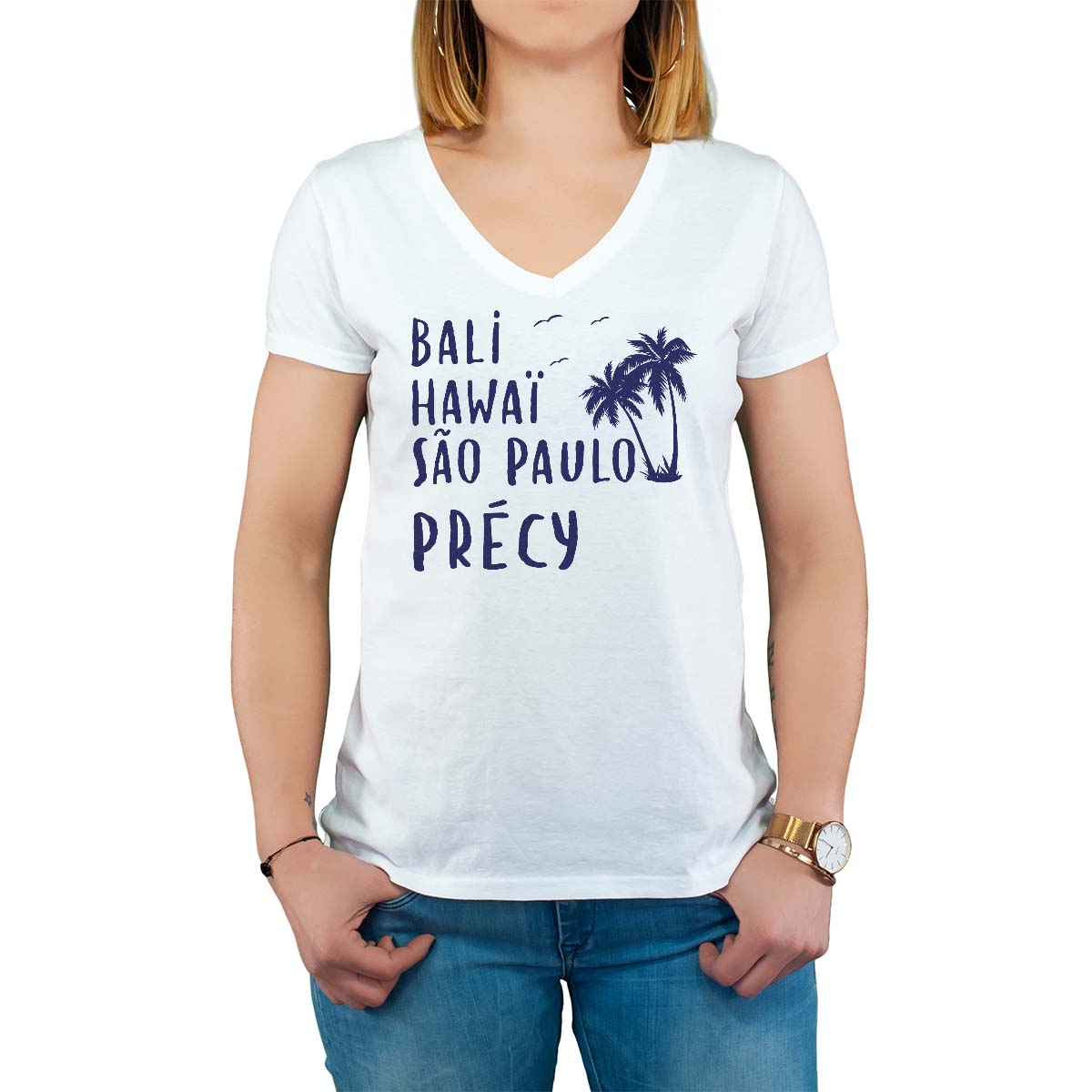 T-Shirt blanc pour femme avec le message personnalisé marine bali hawaï sao-paulo précy