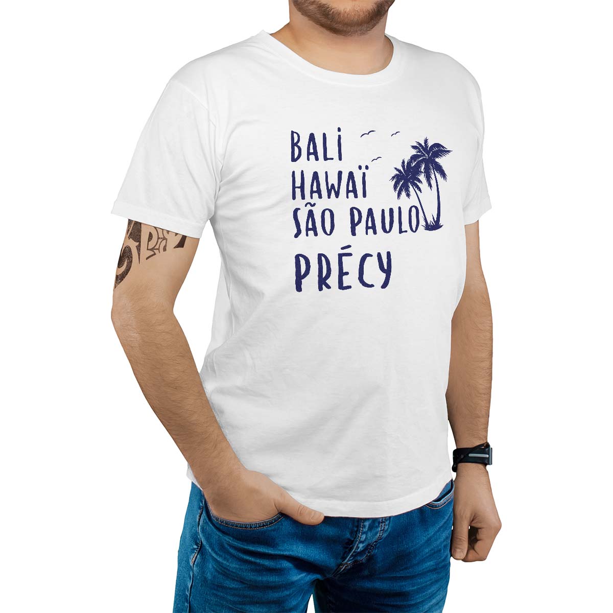 T-Shirt blanc pour homme avec le message personnalisé marine bali hawaï sao-paulo précy