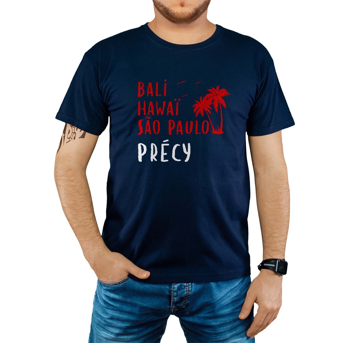T-Shirt marine pour homme avec le message personnalisé rouge bali hawaï sao-paulo précy