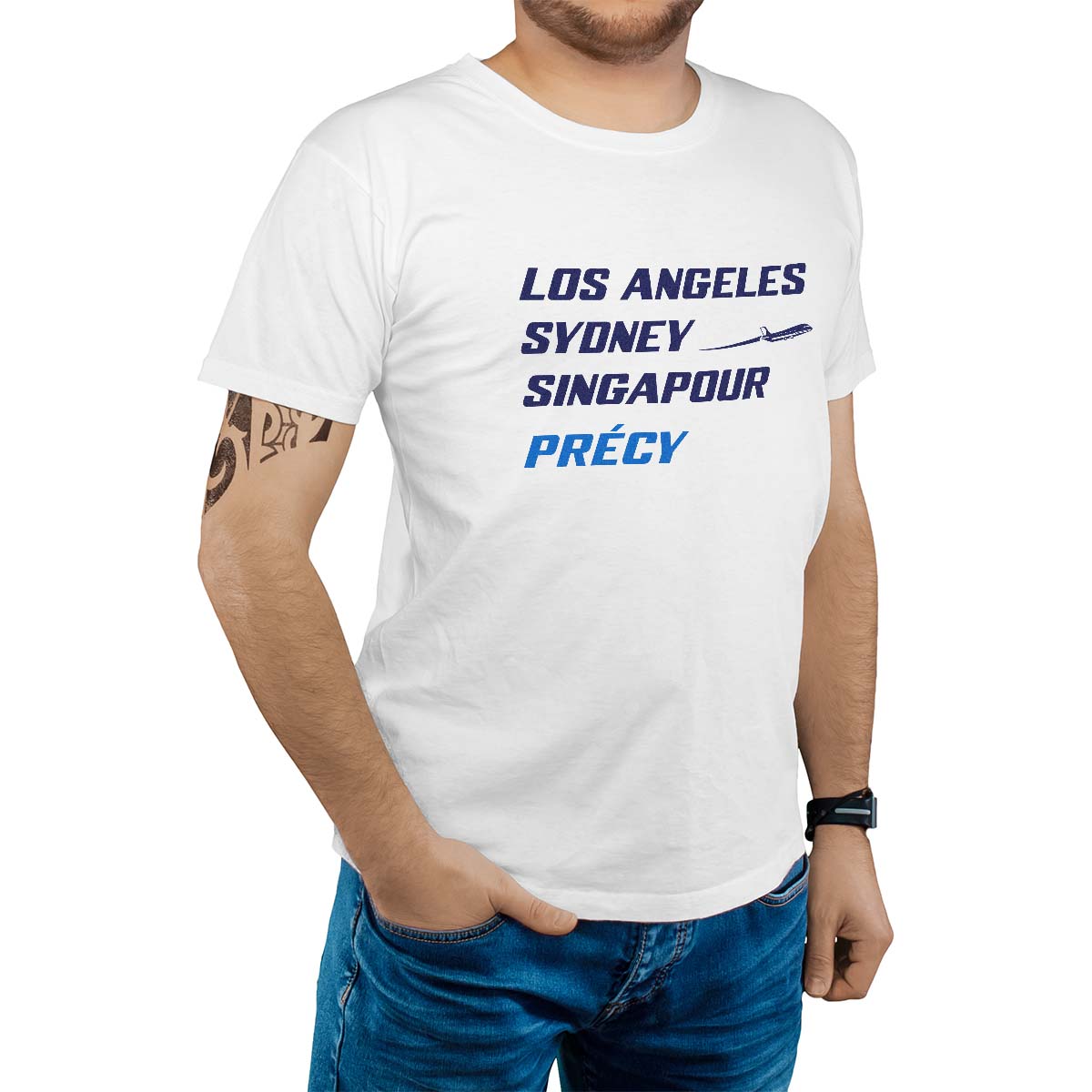 T-Shirt blanc pour homme avec le message personnalisé marine los angeles sydney singapour précy