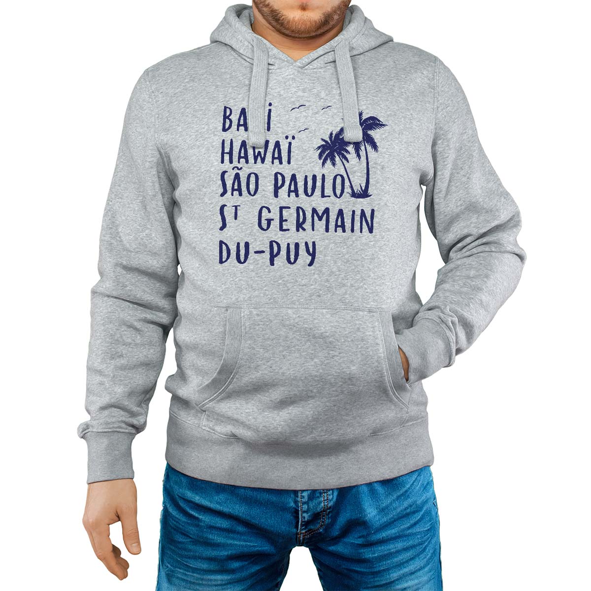 Sweat-shirt à capuche gris pour homme avec le message personnalisé marine bali hawaï sao-paulo saint-germain-du-puy
