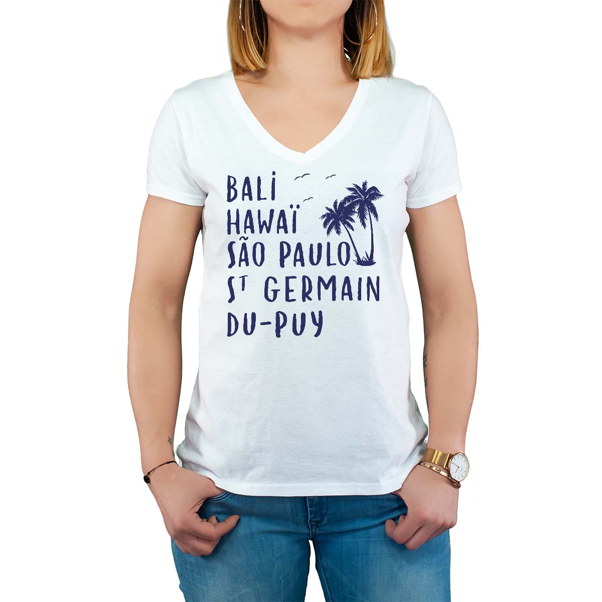 T-Shirt blanc pour femme avec le message personnalisé marine bali hawaï sao-paulo saint-germain-du-puy