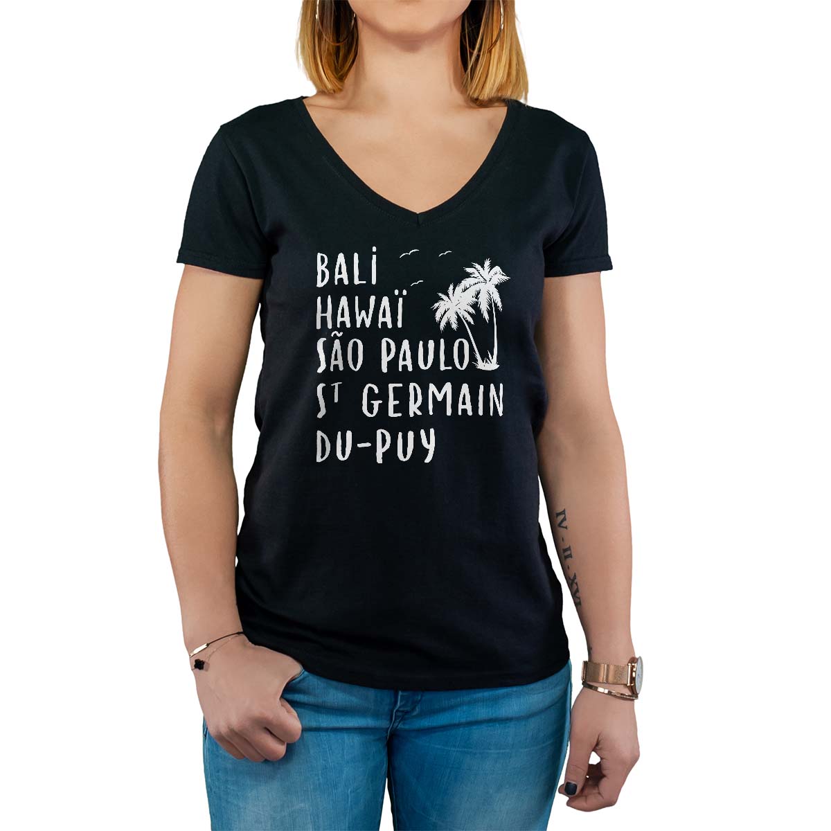T-Shirt noir pour femme avec le message personnalisé blanc bali hawaï sao-paulo saint-germain-du-puy