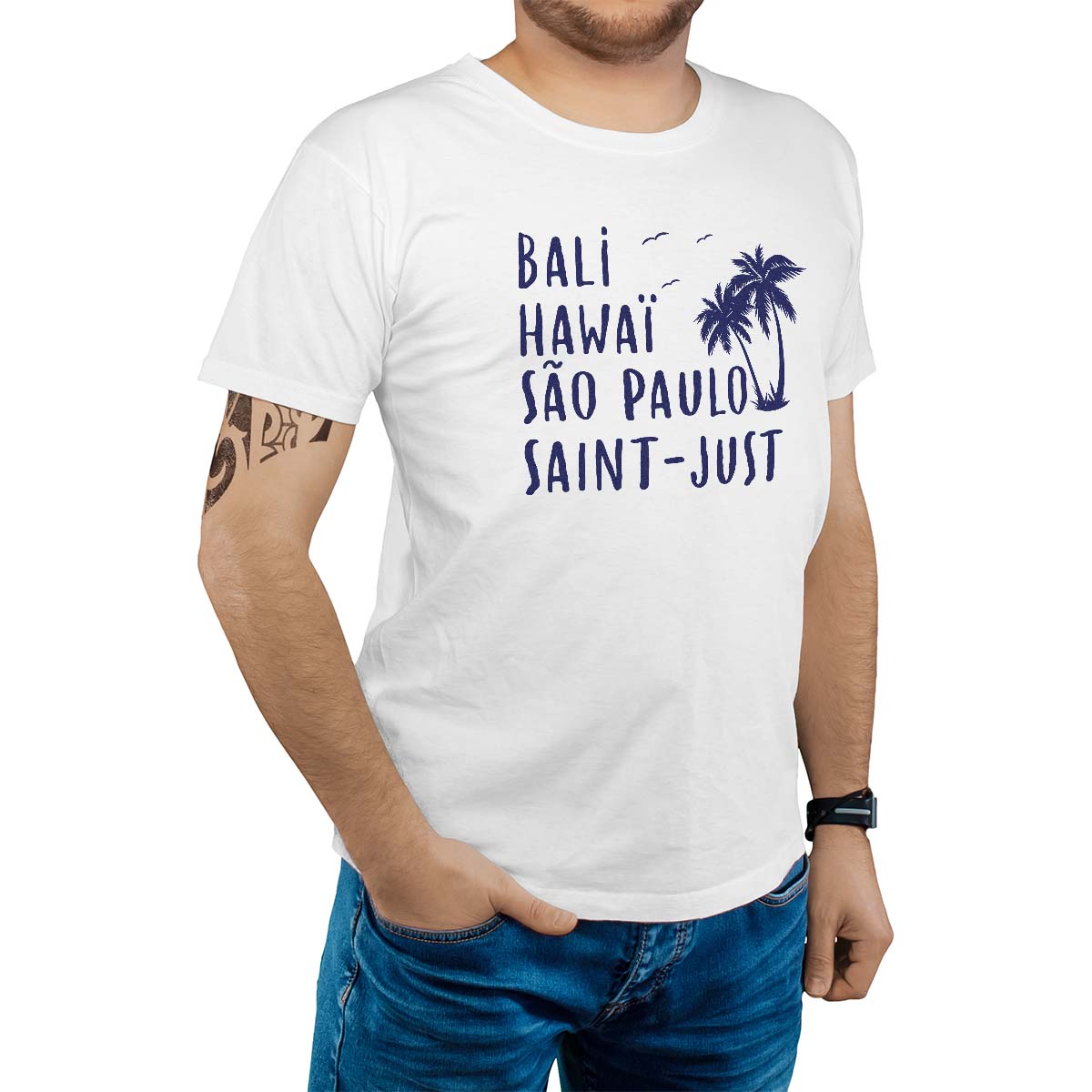 T-Shirt blanc pour homme avec le message personnalisé marine bali hawaï sao-paulo saint-just