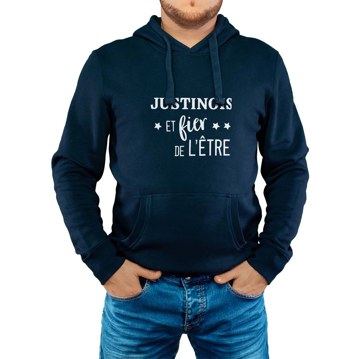 Sweat-shirt à capuche marine pour homme avec le message personnalisé blanc justinois  et fier de l'être