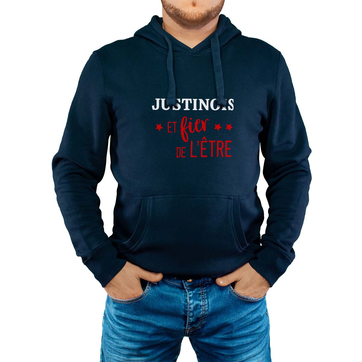 Sweat-shirt à capuche marine pour homme avec le message personnalisé rouge justinois  et fier de l'être