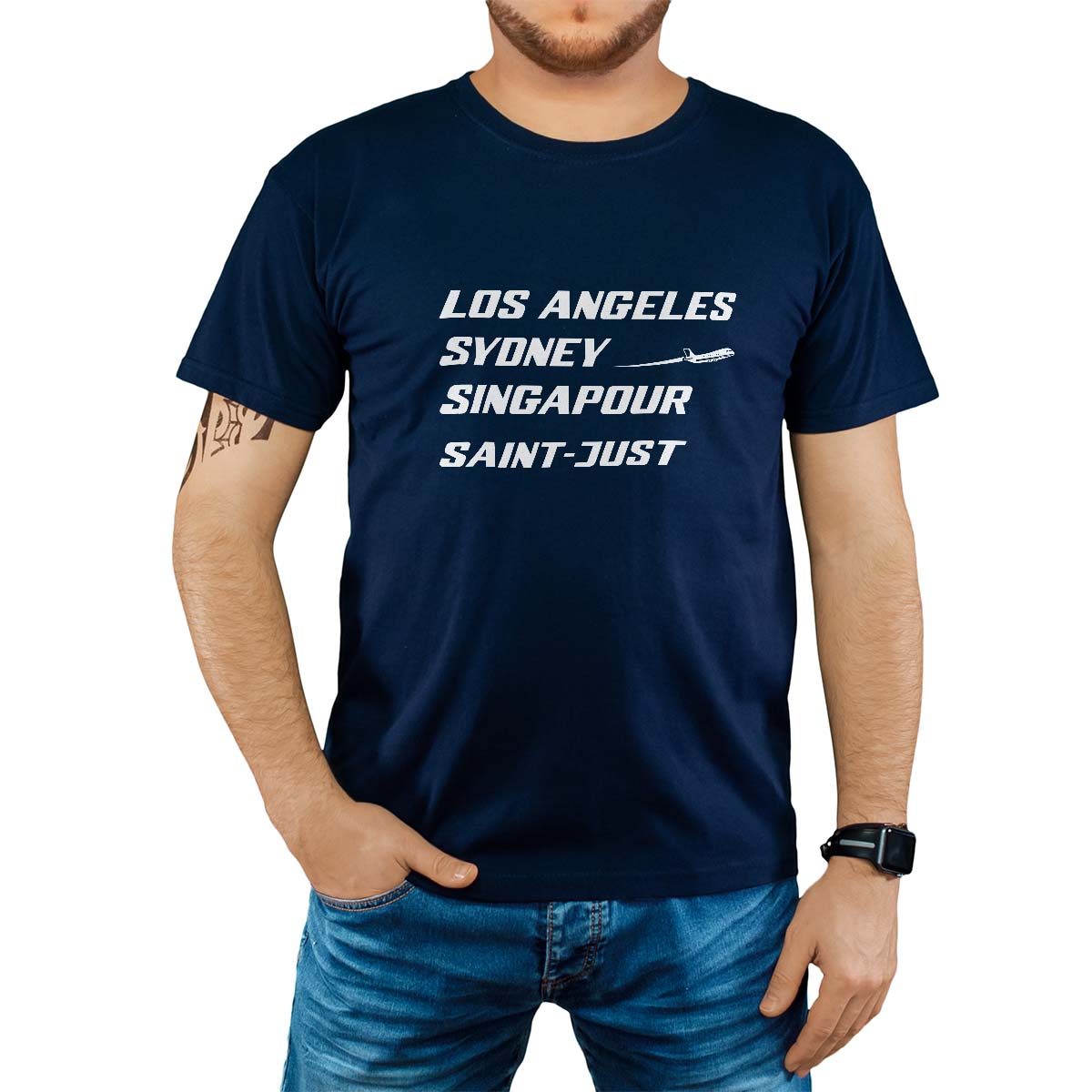 T-Shirt marine pour homme avec le message personnalisé blanc los angeles sydney singapour saint-just