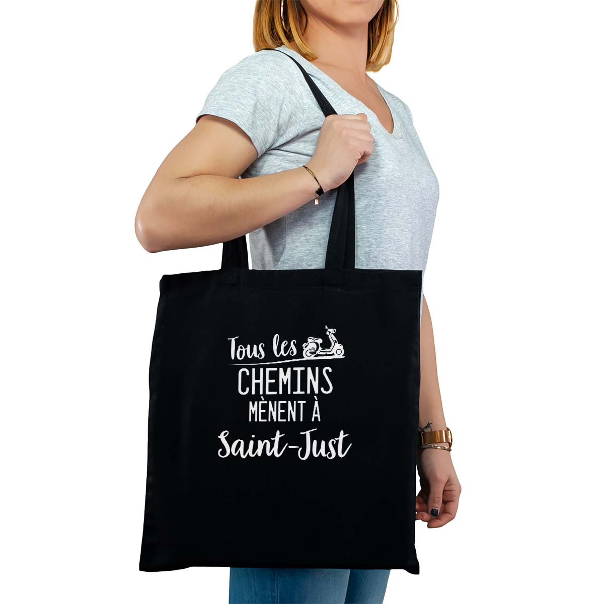 Totebag cabas personnalisé noir pour femme avec le message personnalisé blanc tous les chemins mènent à saint-just