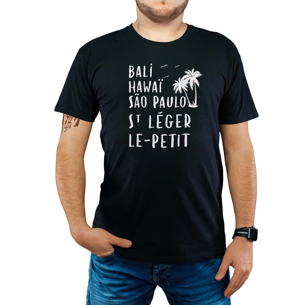 T-Shirt noir pour homme avec le message personnalisé blanc bali hawaï sao-paulo saint-léger-le-petit